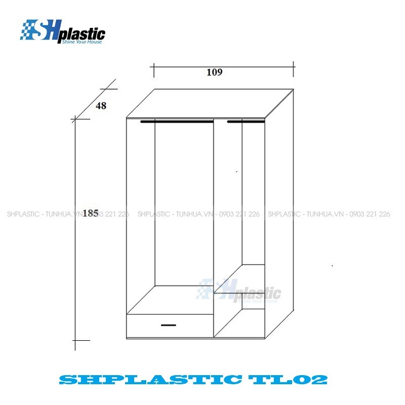 Chi tiết thiết kế tủ nhựa quần áo người lớn 3 cánh 1 ngăn kéo / SHplastic TL02