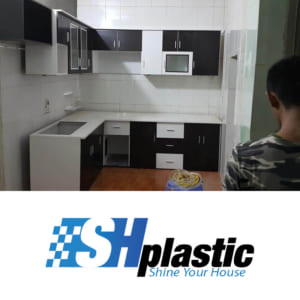 Tủ bếp nhựa Đài Loan chữ L trắng phối nâu / SHPlastic TB10