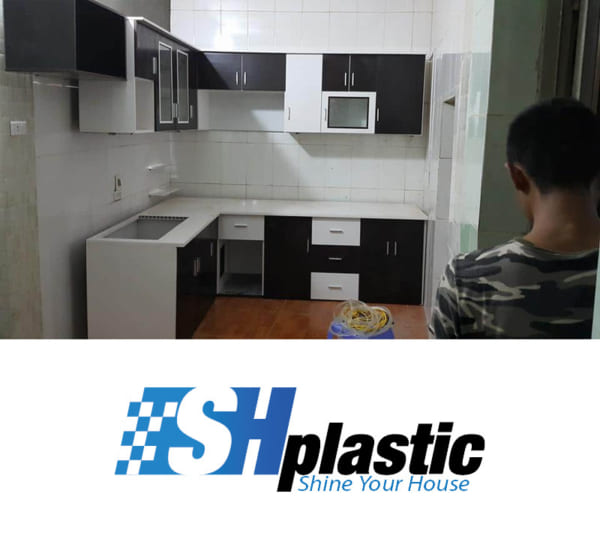 Tủ bếp nhựa Đài Loan chữ L trắng phối nâu / SHPlastic TB10