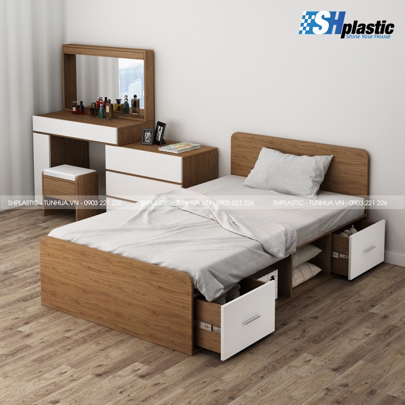 Giường ngủ nhựa giả vân gỗ có ngăn kéo hông tiện dụng