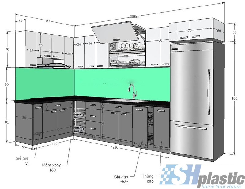 Bản mẫu thiết kế 3d tủ bếp chữ L